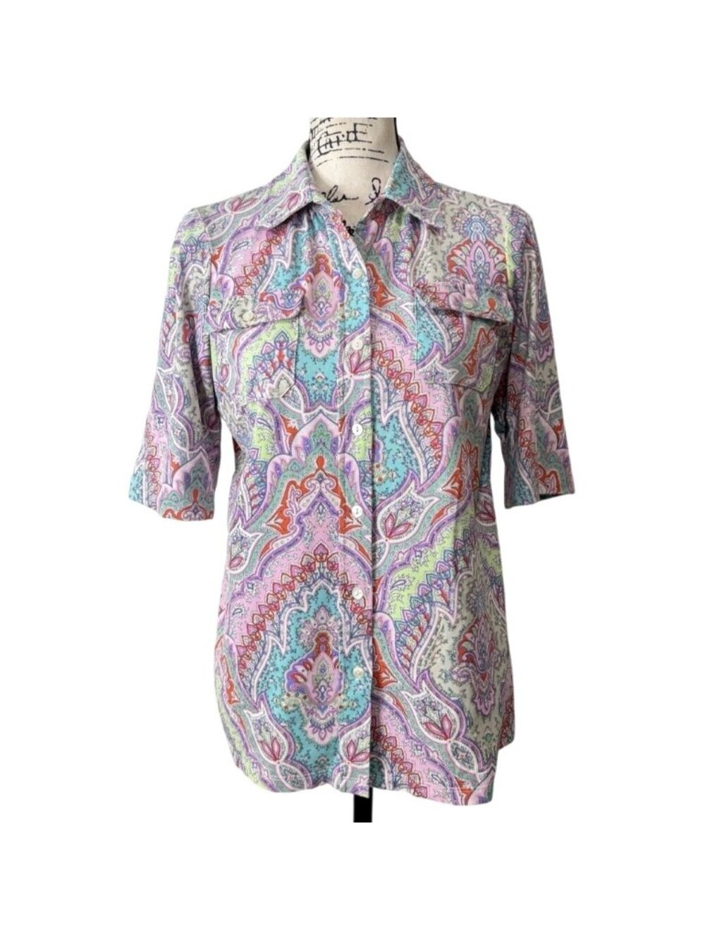 J. Mclaughlin Womens Size L Top Paisley Button-Up Catalina-Cloth 1/2 Sleeve USA